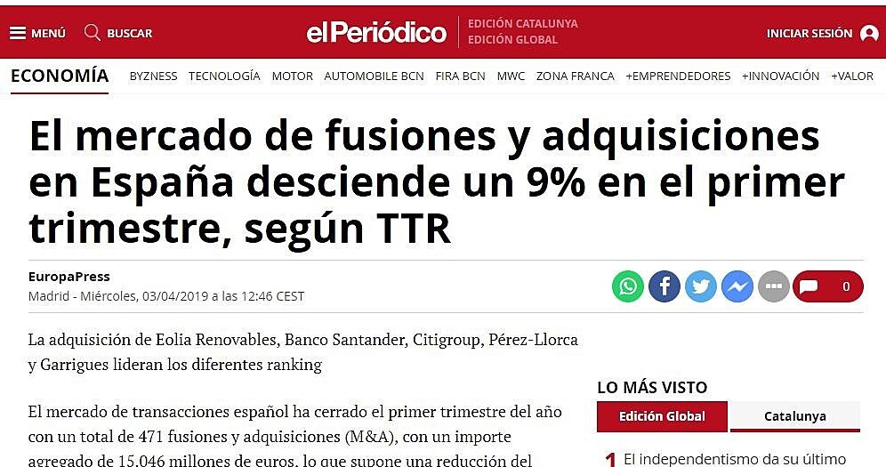 El mercado de fusiones y adquisiciones en Espaa desciende un 9% en el primer trimestre, segn TTR